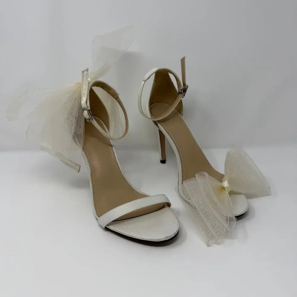 White Satin Bow Ankle Strap Stiletto Heels Size 8